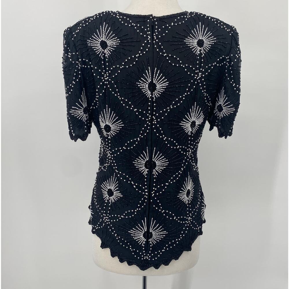 Vintage Scala Pure Silk Beaded Pearl Top Short Sleeve Black White Womens size XL - Picture 6 of 13